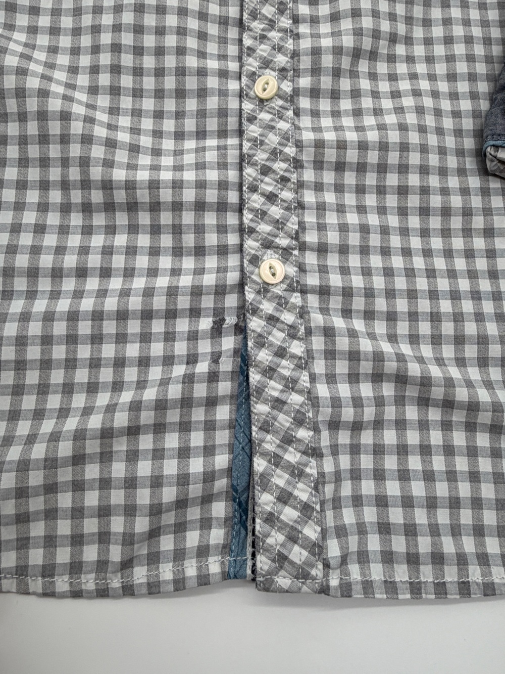 Men's Large Gingham Plaid Long Sleeve Button Down Shirt Gray White Blue Trim ** - Picture 2 of 7